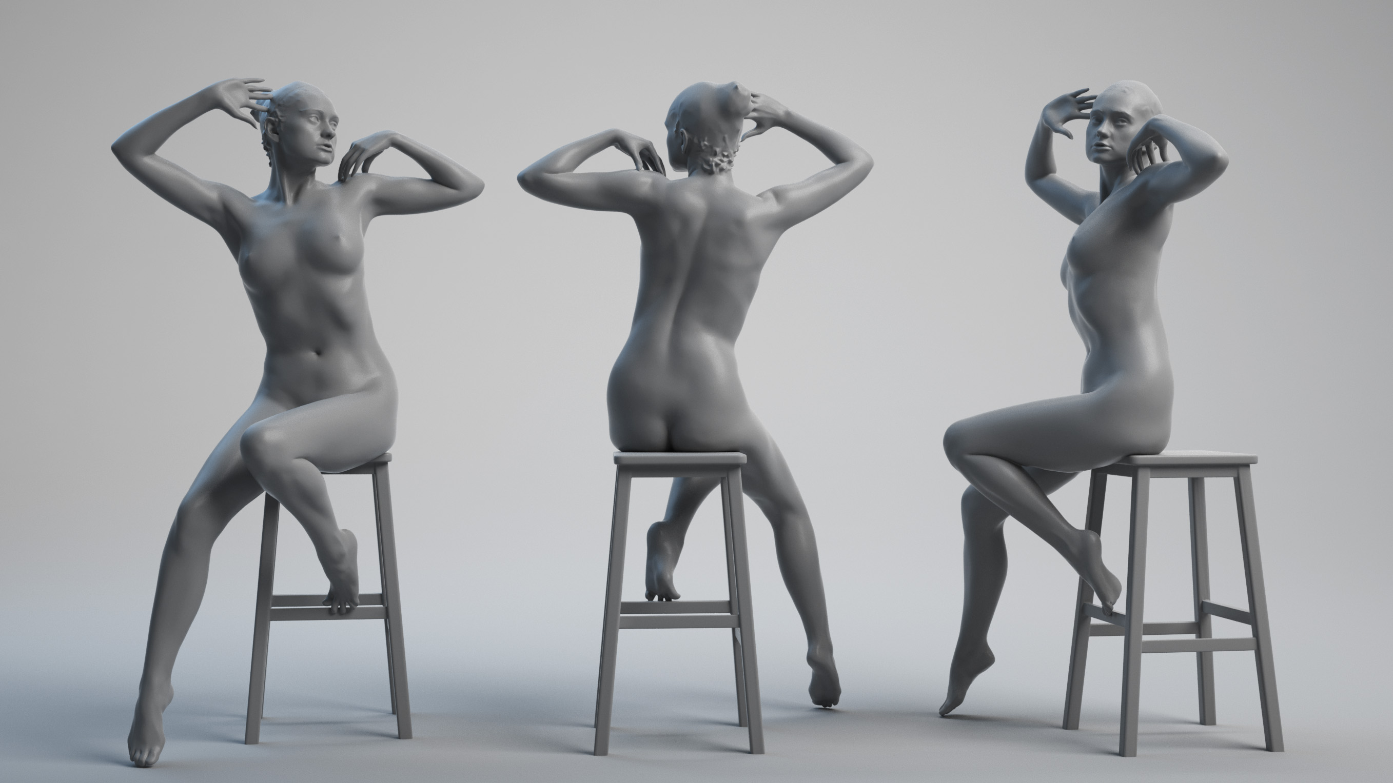 Woman perched on 3d model scan chair